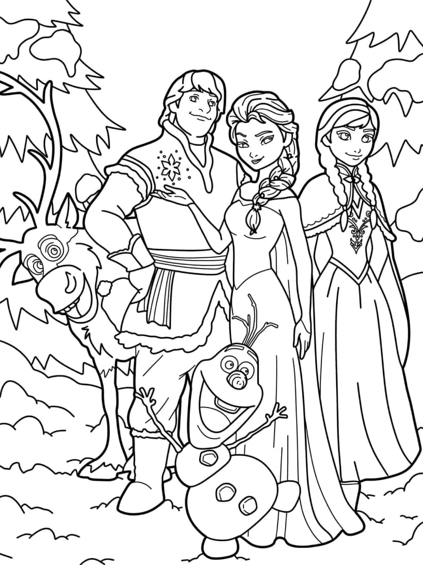 Coloriage Elsa Avec Les Personnages De Frozen