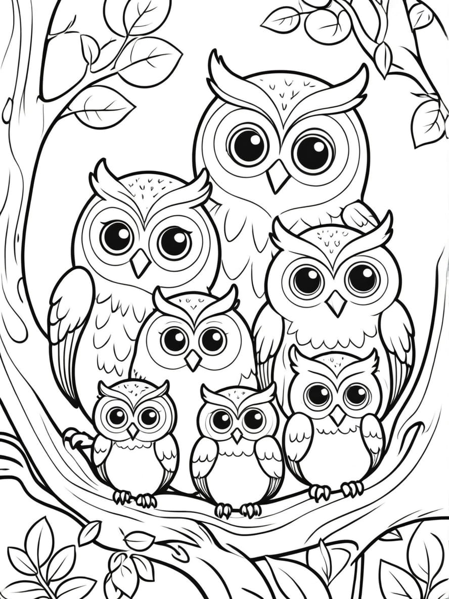 Coloriage Famille De Hibou Dans L Arbre