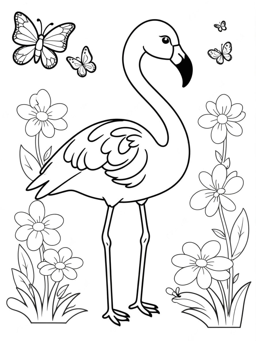 Coloriage Flamant Rose Avec Fleurs Et Papillons