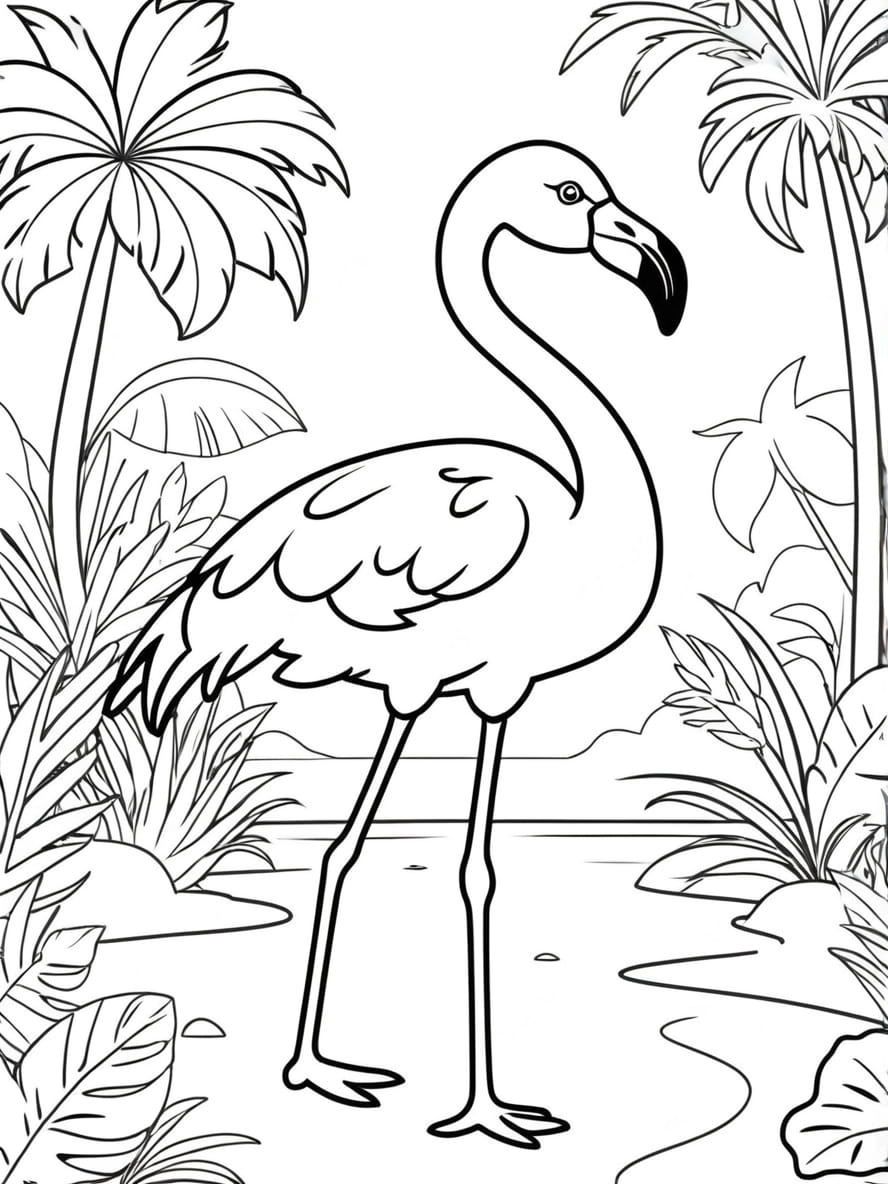 Coloriage Flamant Rose Dans Un Paradis