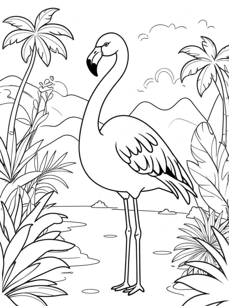 Coloriage Flamant Rose Dans Un Paradis Tropical Chibi