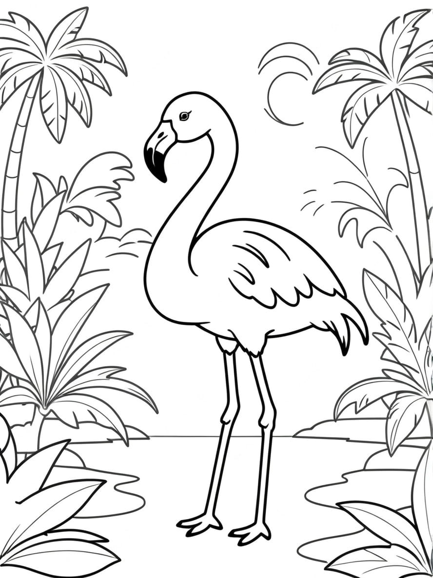 Coloriage Flamant Rose Dans Un Paradis Tropical