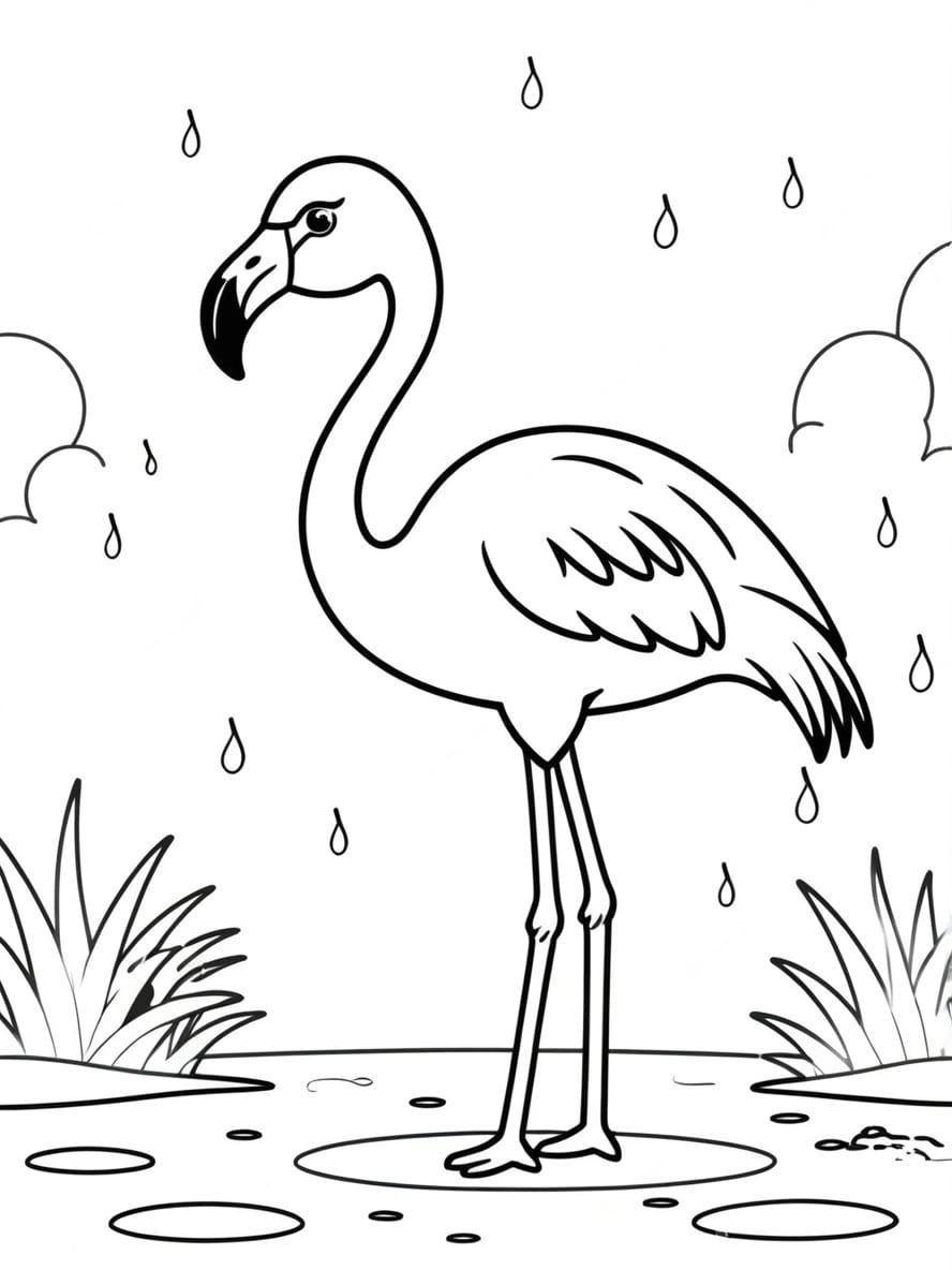 Coloriage Flamant Rose Dansant Sous La Pluie