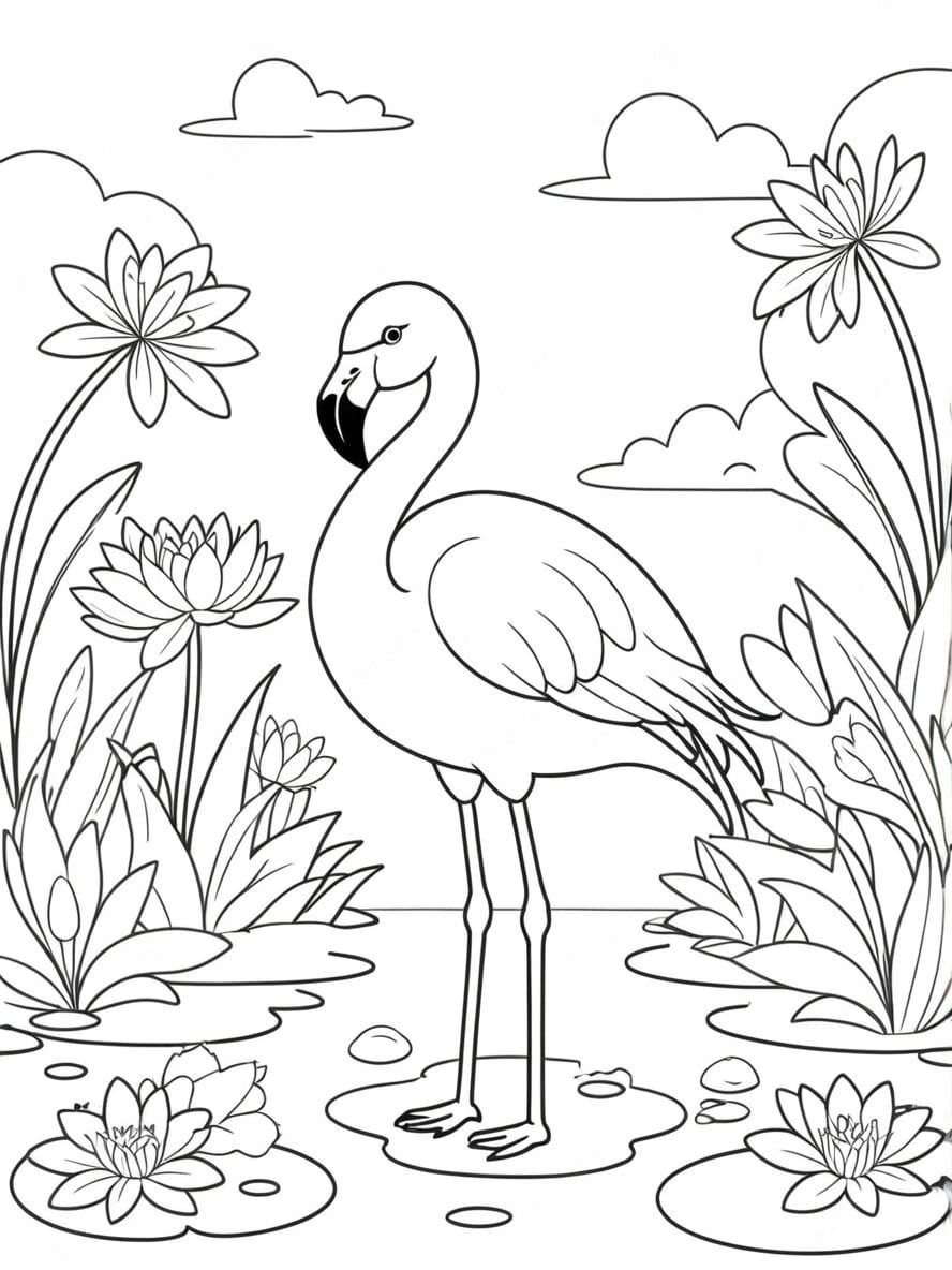 Coloriage Flamant Rose Entoure De Nenuphars