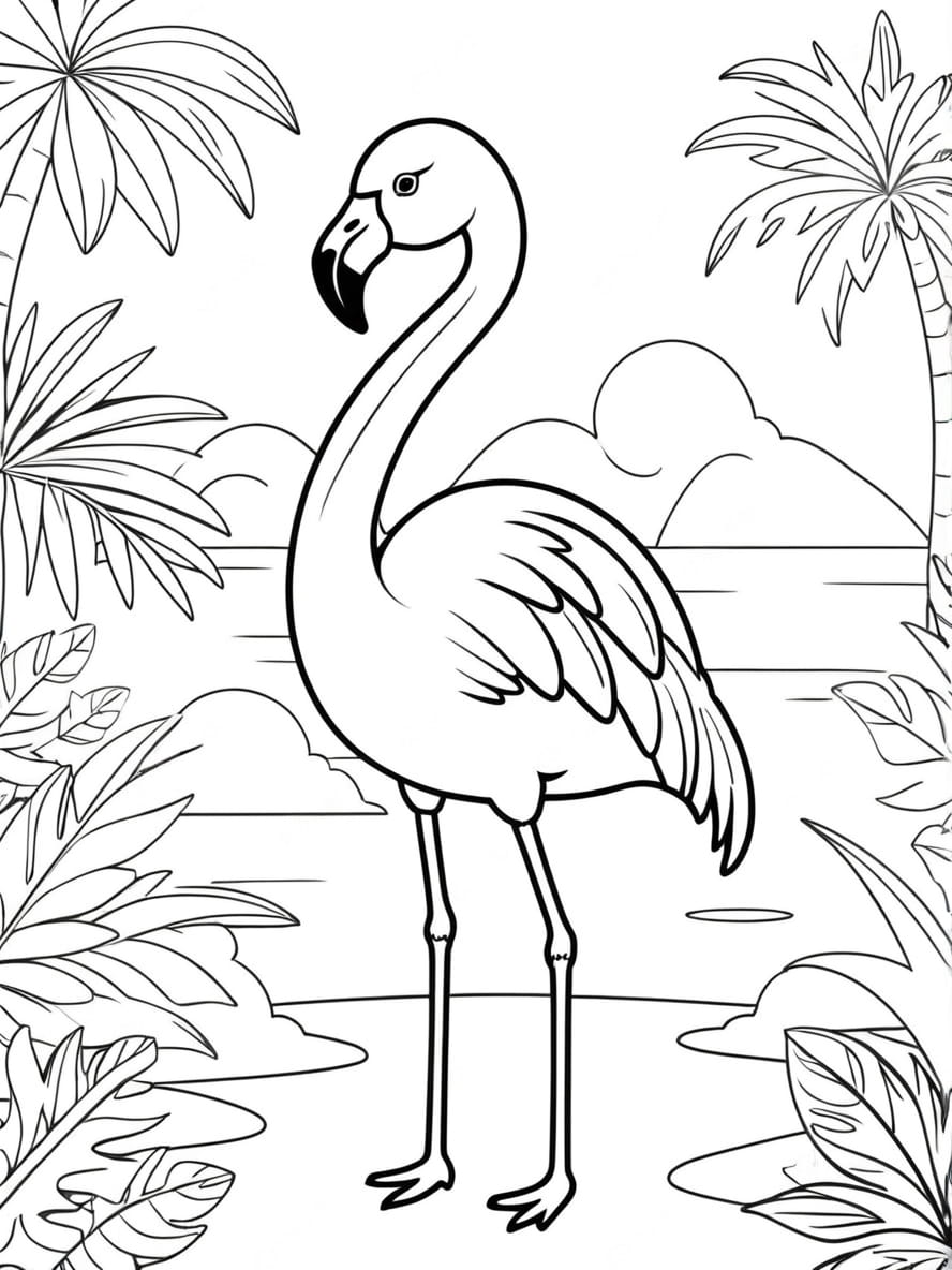 Coloriage Flamant Rose Sur Fond Tropical