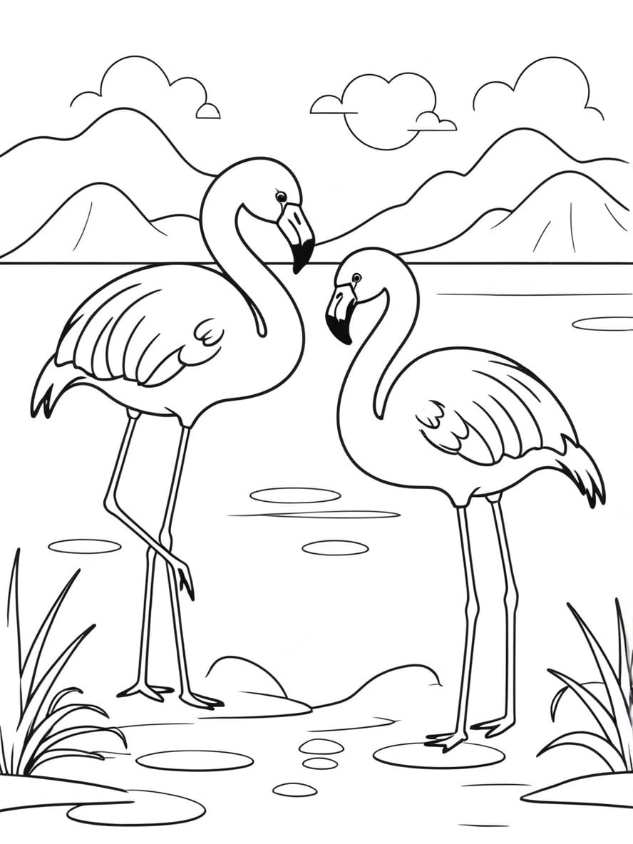 Coloriage Flamants Roses Au Bord De L Eau