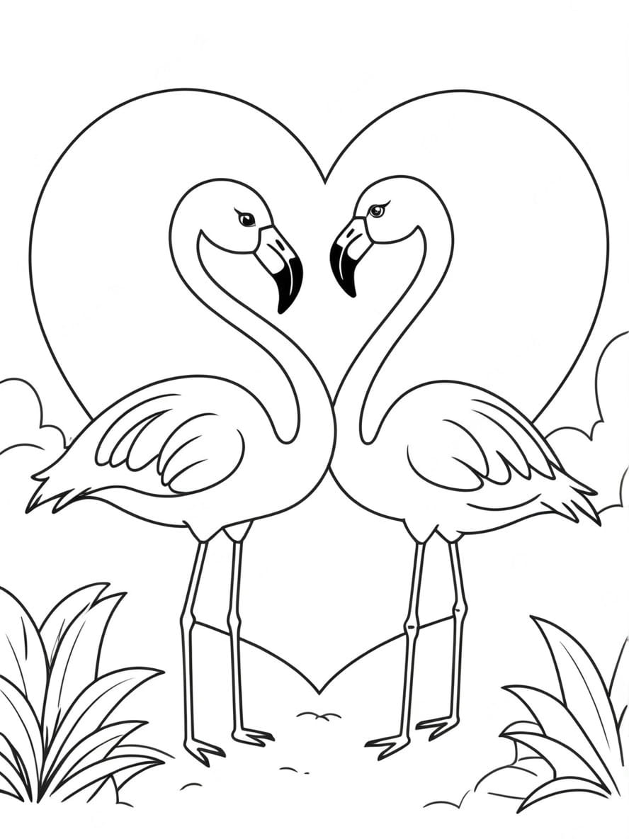 Coloriage Flamants Roses Dans Une Pose En Forme De Cœur