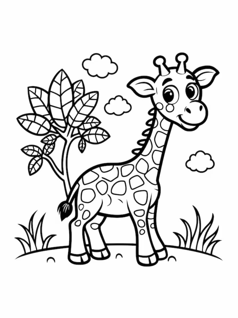 Coloriage Girafe Arbre Et Nuages