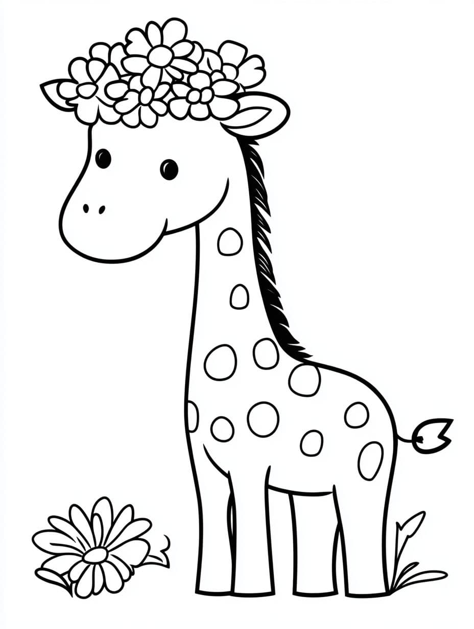 Coloriage Girafe Chibi Et Fleurs