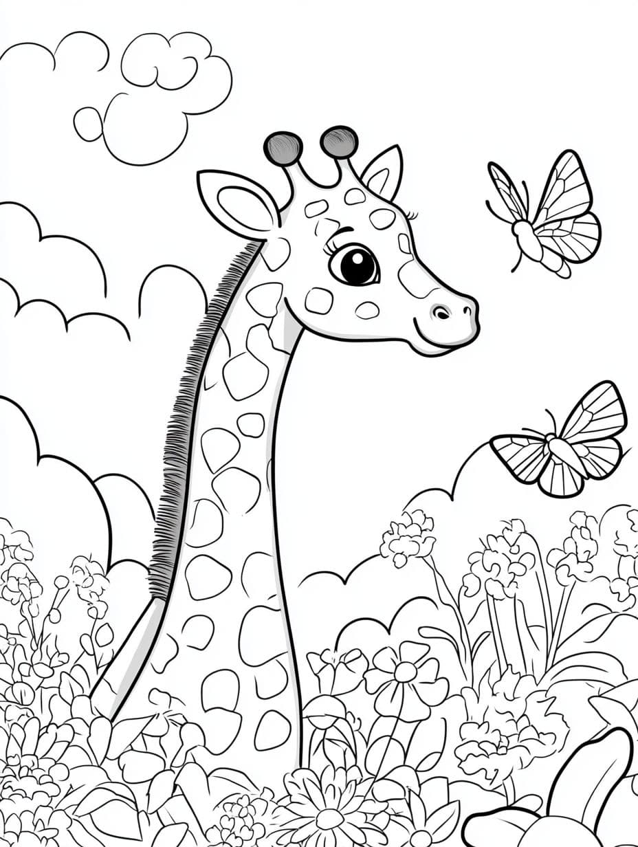 Coloriage Girafe Dans La Foret Avec Nuages Et Papillon