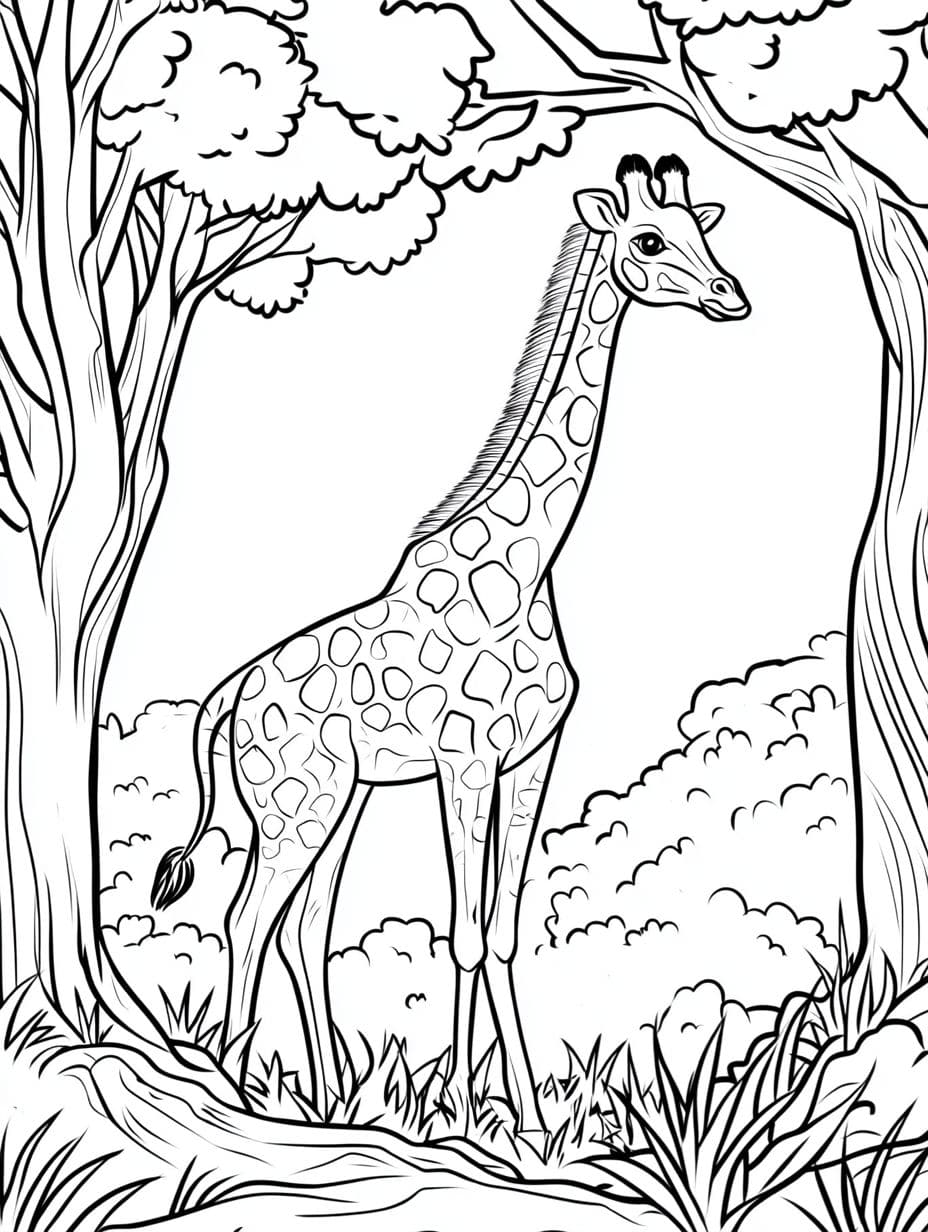 Coloriage Girafe Dans La Foret Naturelle