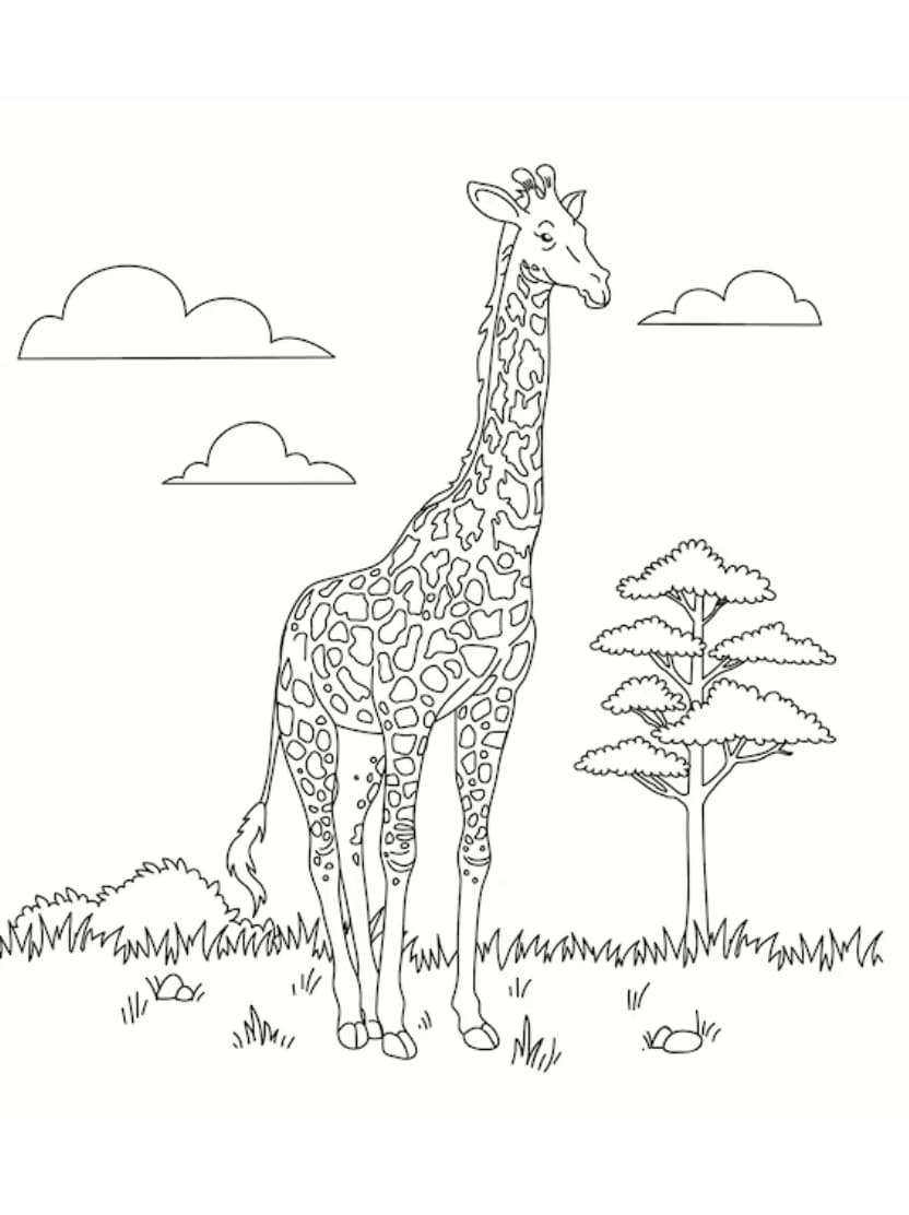 Coloriage Girafe Et Nuages