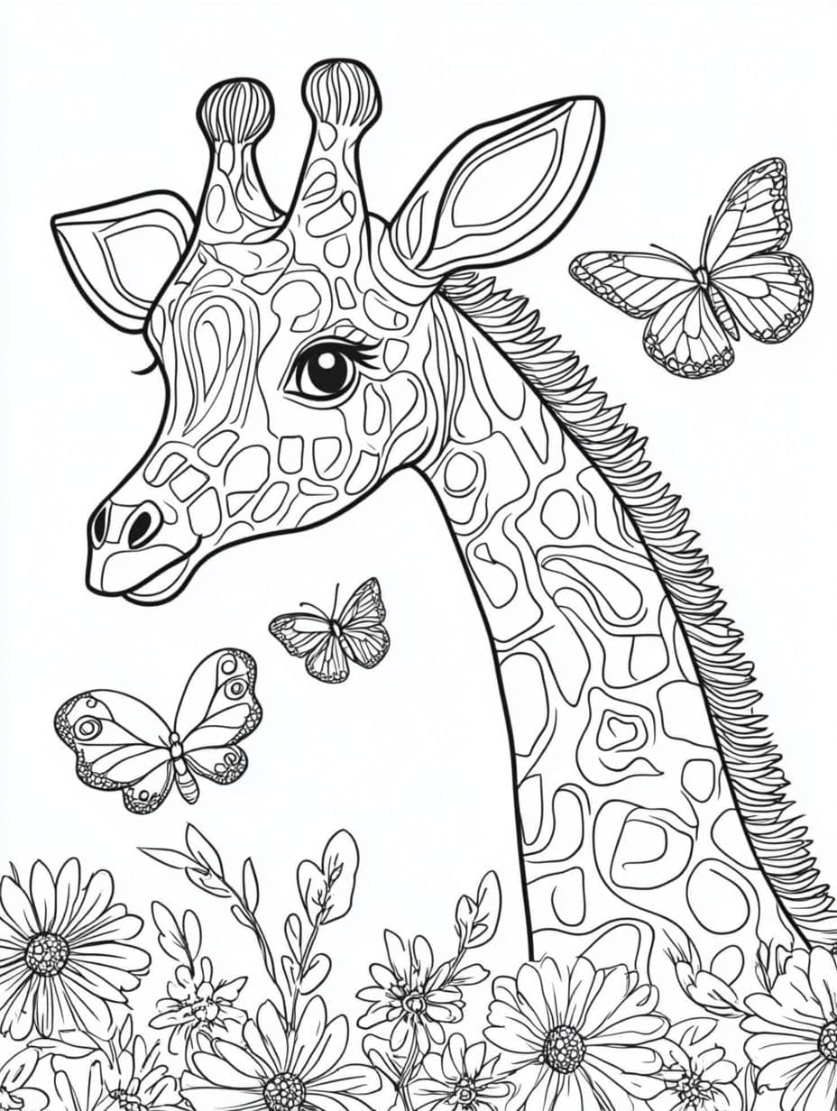 Coloriage Girafe Et Papillon En Vol