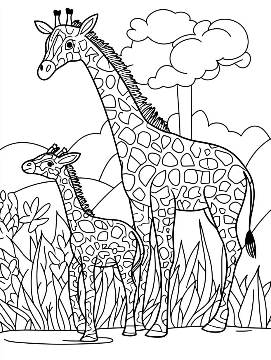 Coloriage Girafe Pere Et Enfant