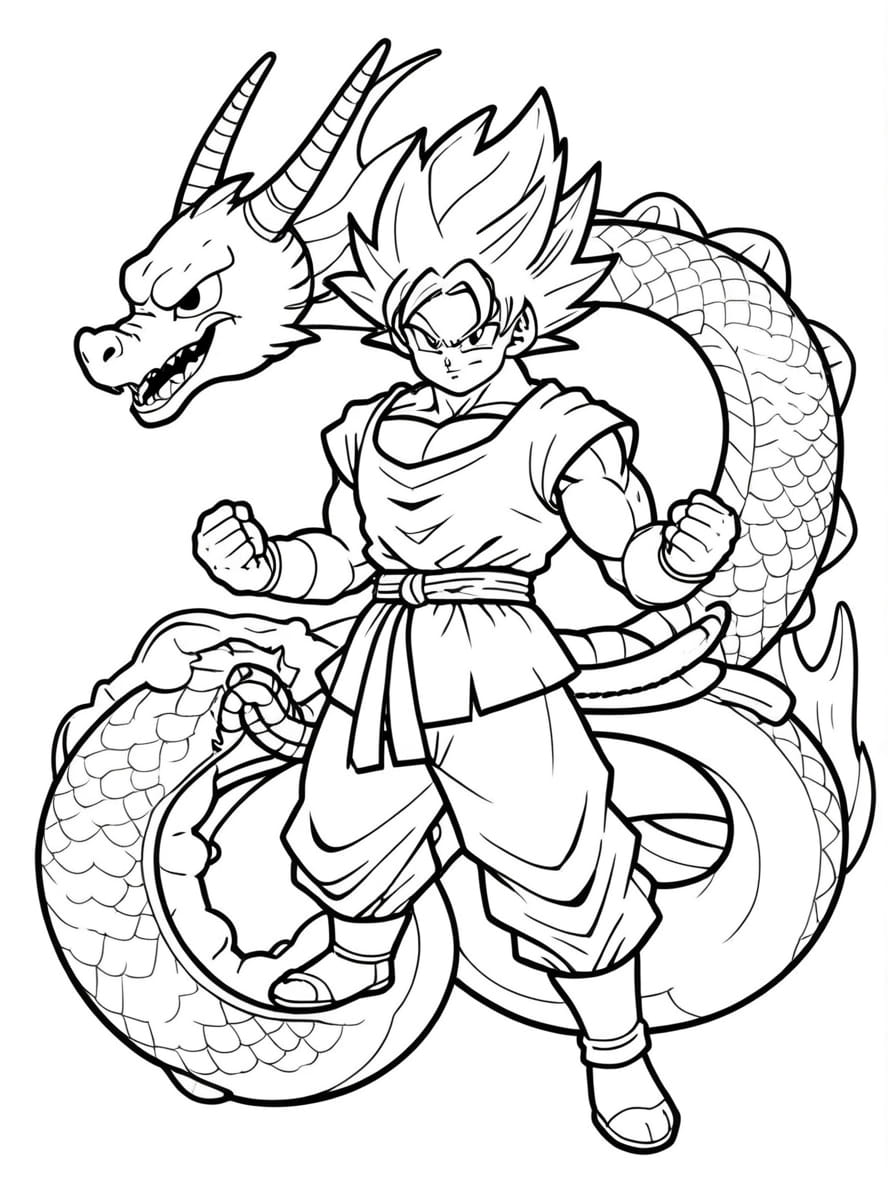 Coloriage Goku Debout Aux Cotes Du Puissant Dragon Shenro