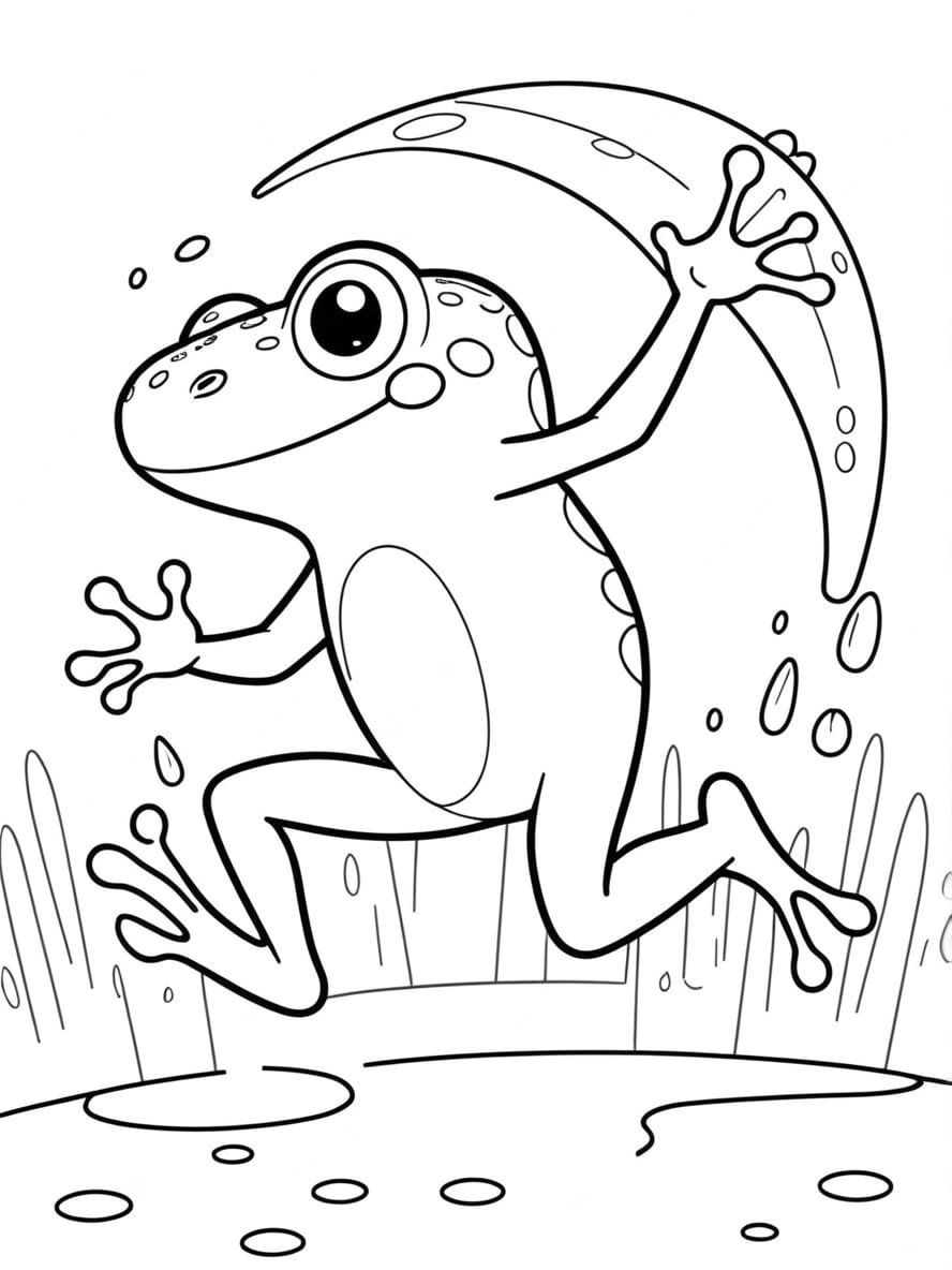 Coloriage Grenouille Sautant Sous La Pluie