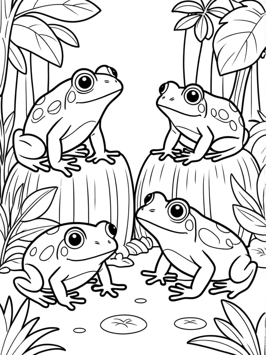 Coloriage Grenouilles Dans Une Foret Tropicale