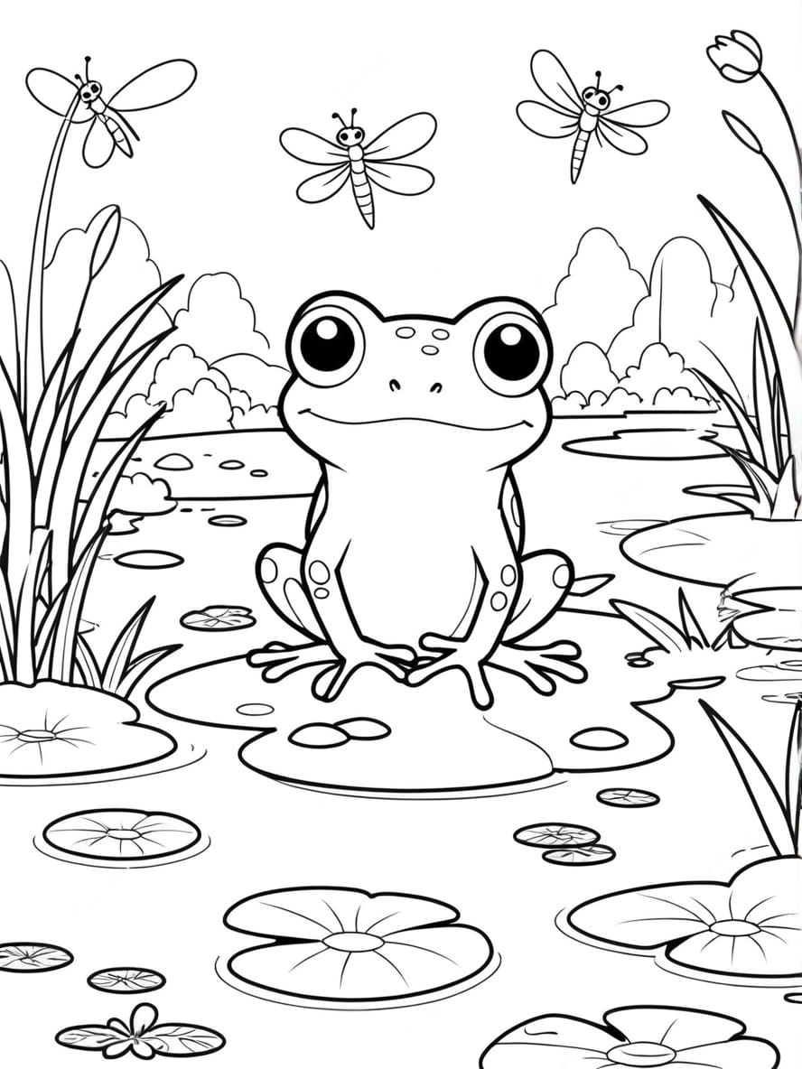 Coloriage Grenouilles Et Libellules Dans Une Zone Humide