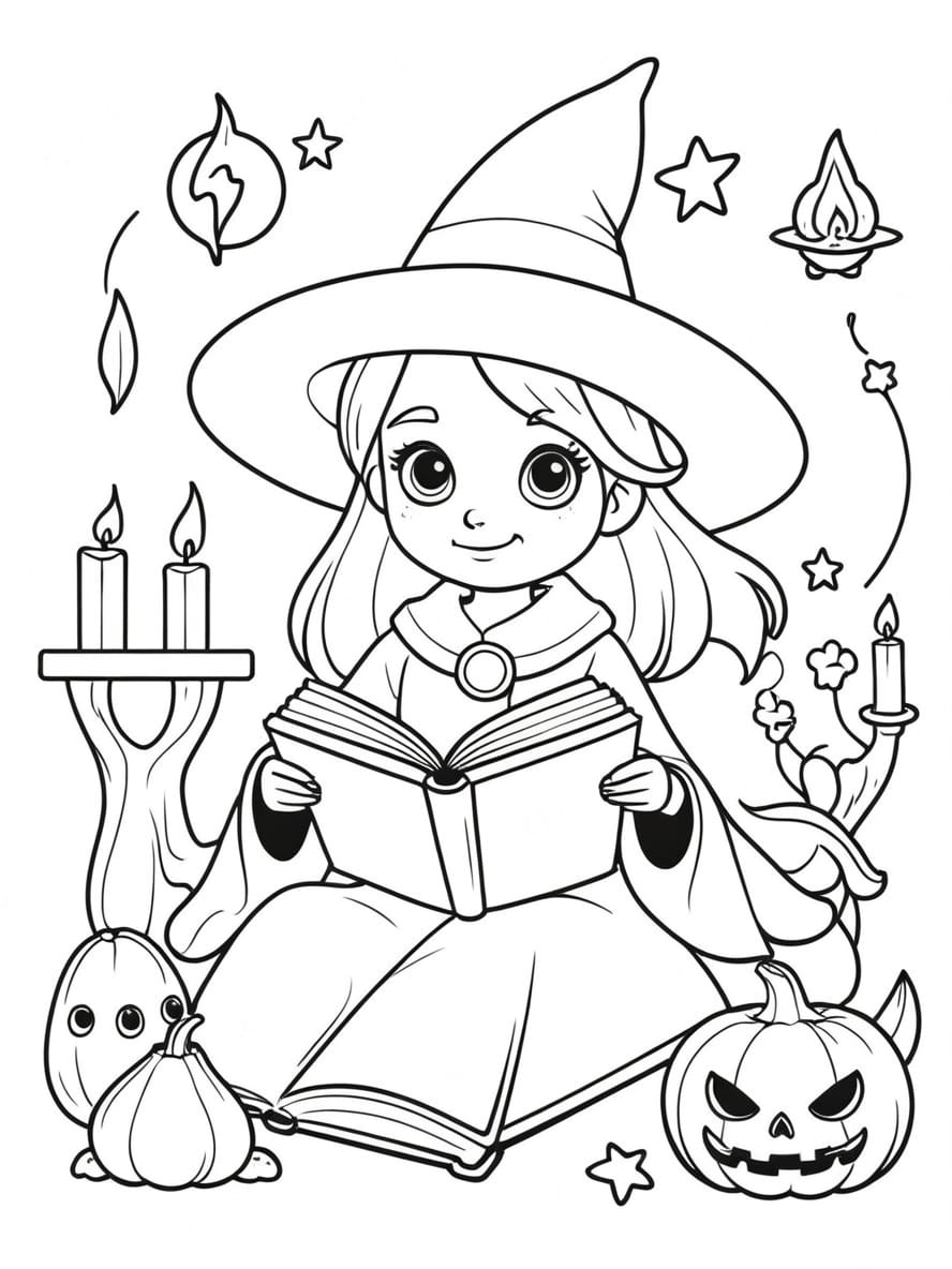 Coloriage Halloween Sorciere Mignon Et Citrouille Pour Enfant