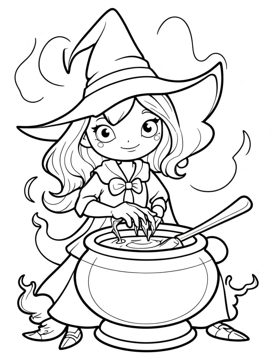 Coloriage Halloween Sorciere Preparation De Potions Gratuit