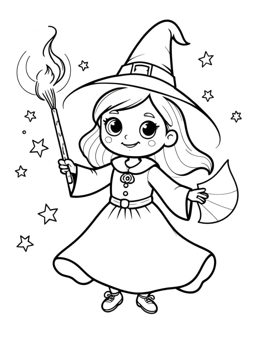 Coloriage Halloween Sorciere Utilisant Magie