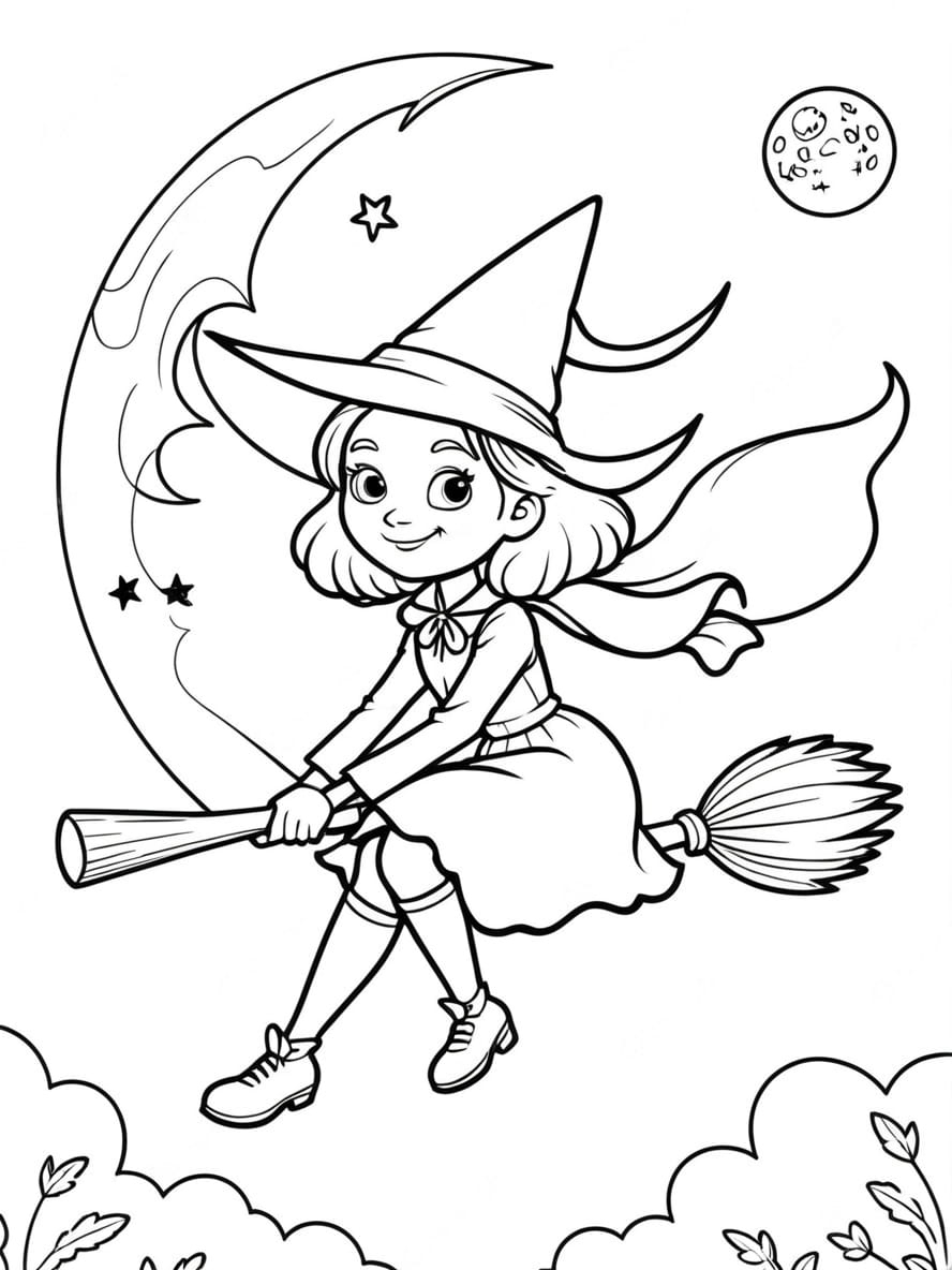 Coloriage Halloween Sorciere Utilisant Son Balai