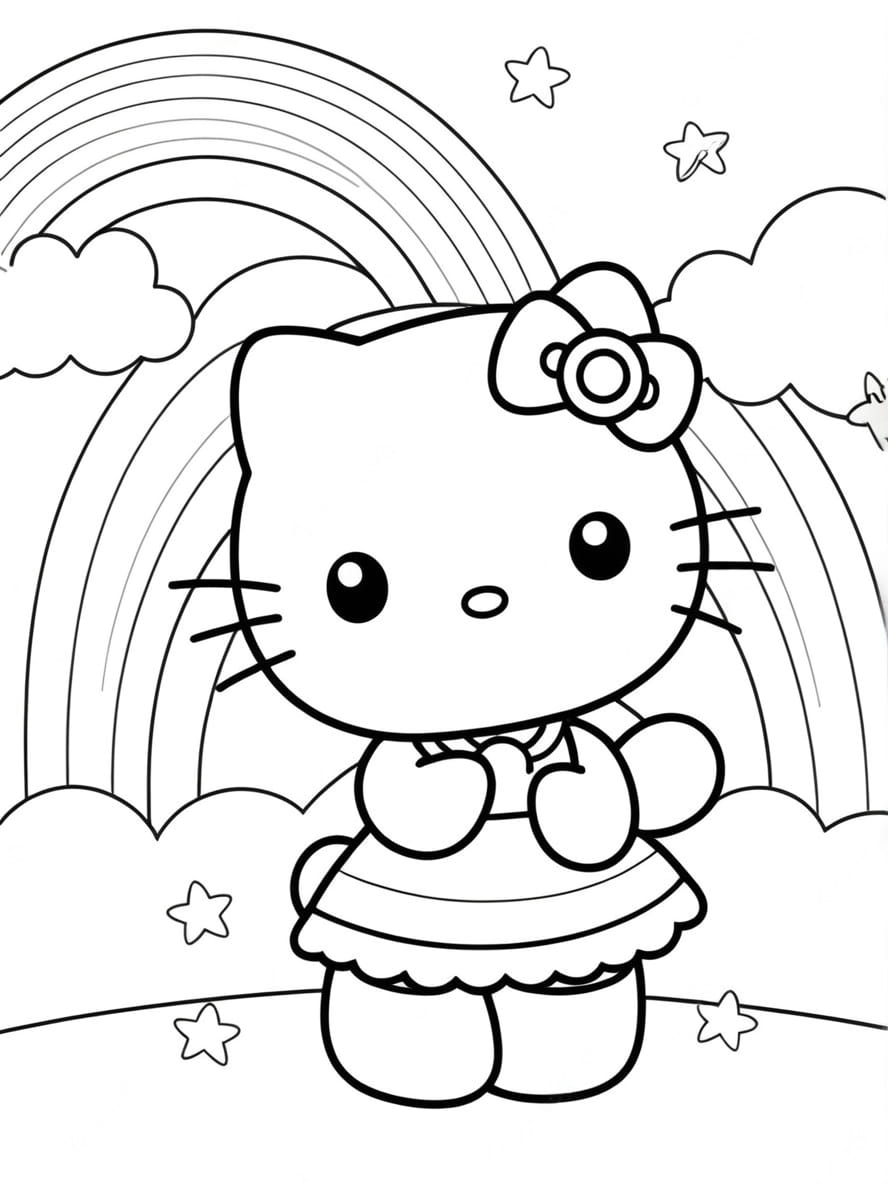 Coloriage Hello Kitty Avec Un Arc En Ciel