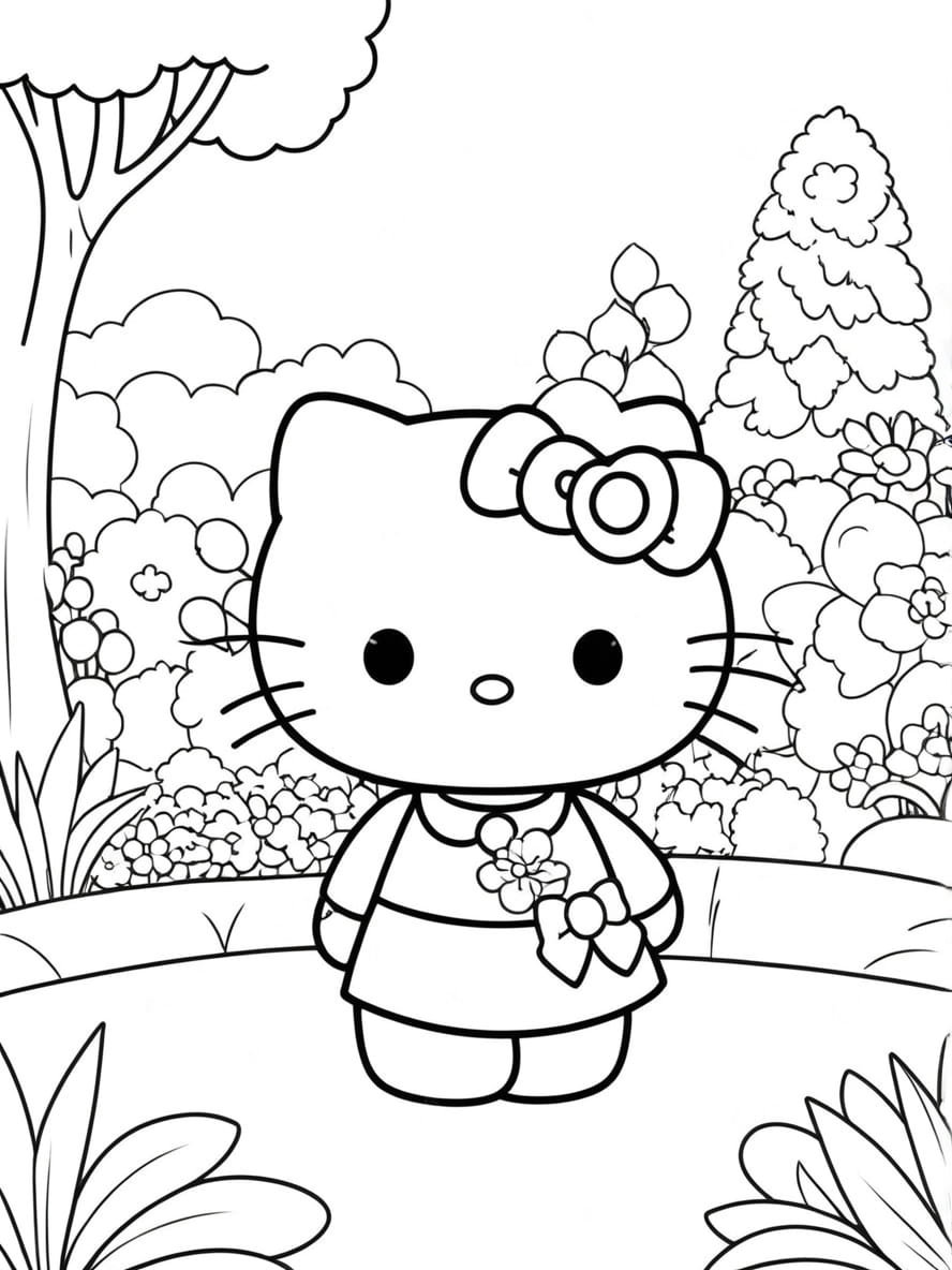 Coloriage Hello Kitty Dans Un Jardin