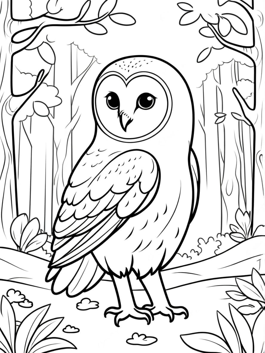 Coloriage Hibou Chibi Effraie Dans Une Clairiere