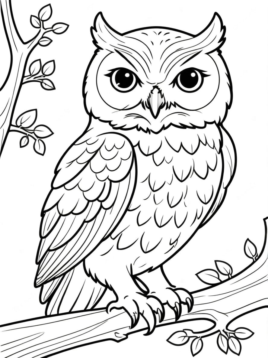 Coloriage Hibou Chibi Perchee Sur Une Branche D Arbre