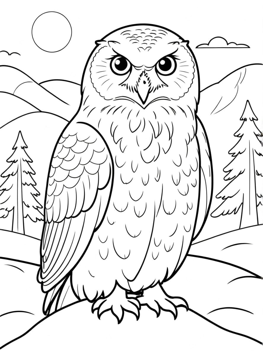 Coloriage Hibou Des Neiges Dans Un Paysage Hivernal