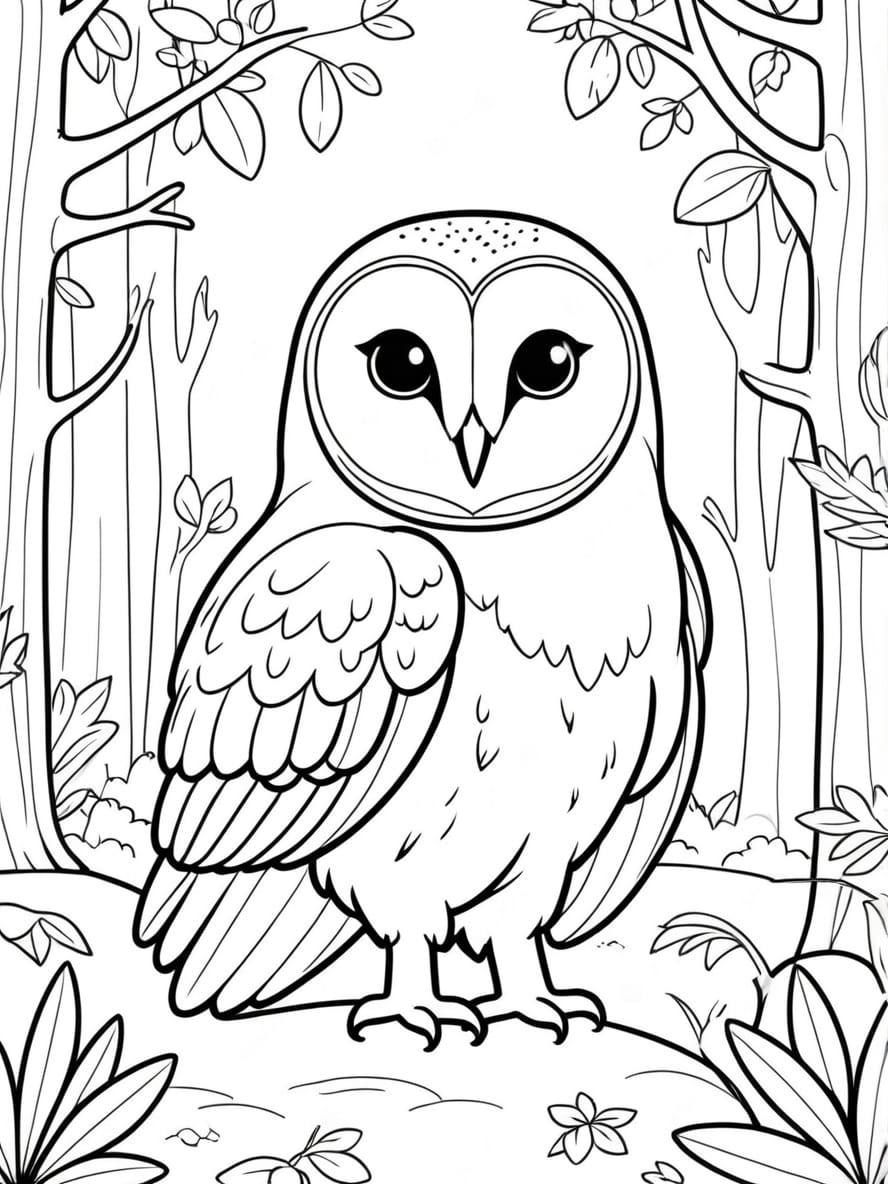 Coloriage Hibou Effraie Dans Une Foret