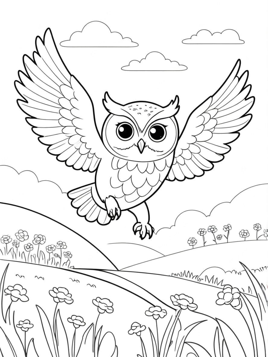 Coloriage Hibou En Vol Au Dessus D Un Champ