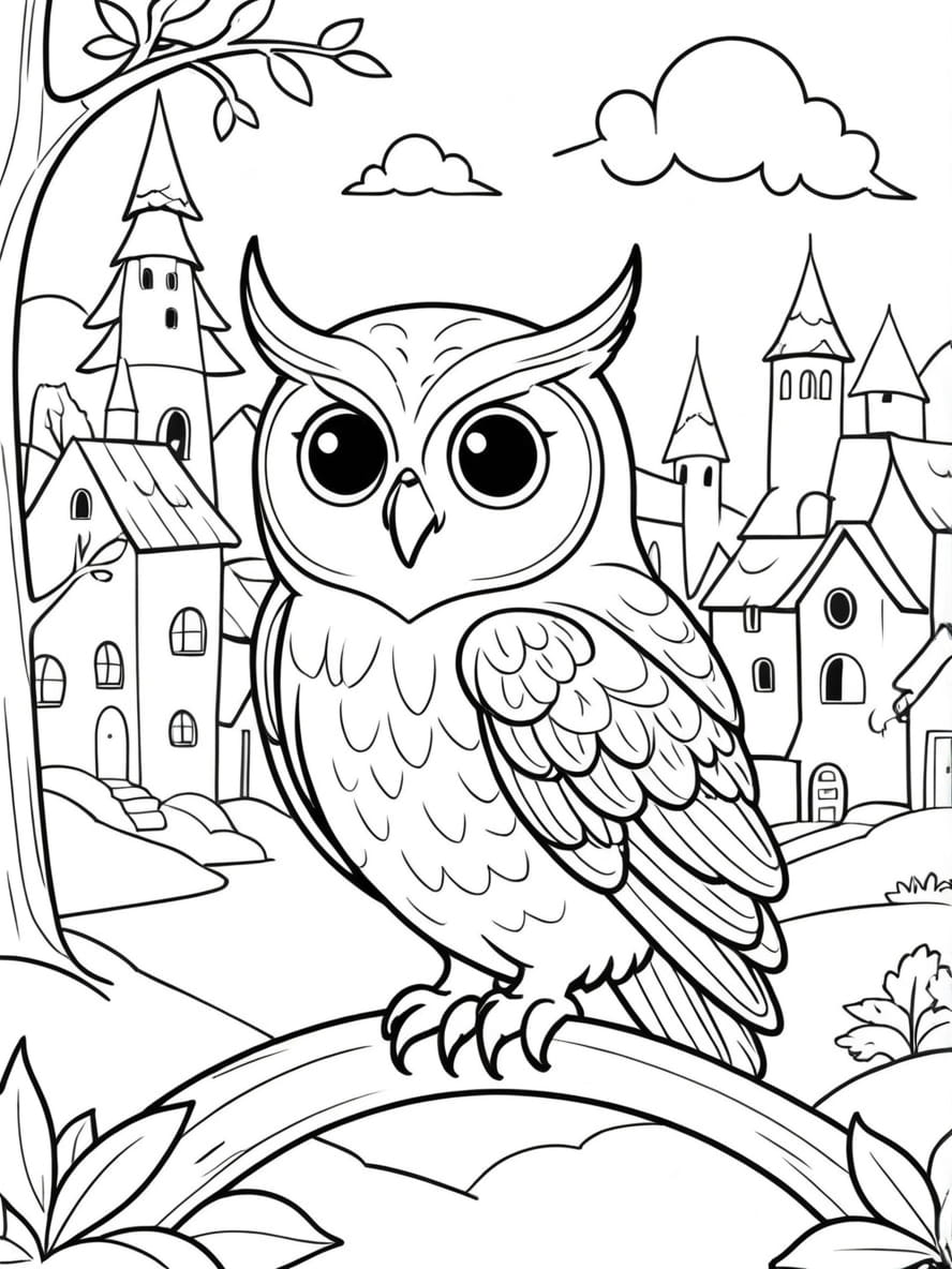 Coloriage Hibou Surveillant Un Village Endormi