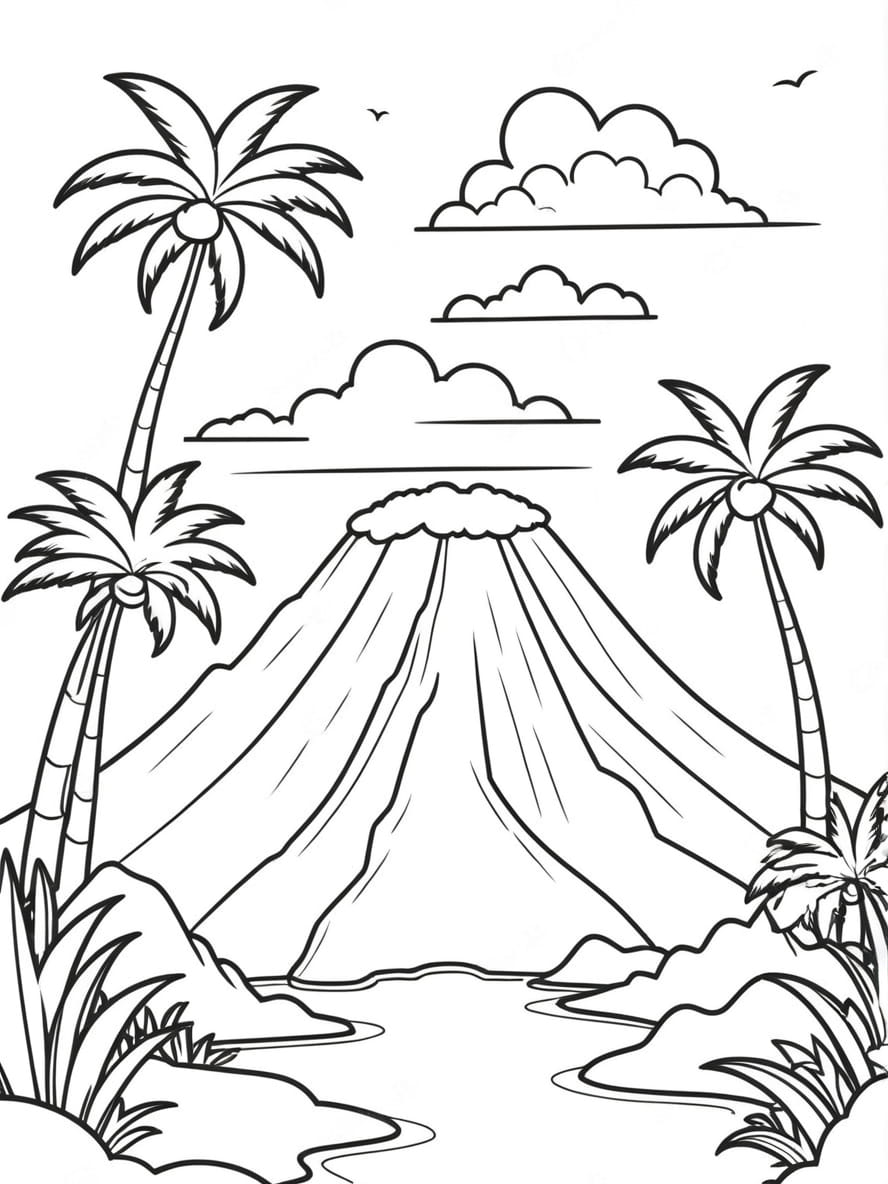 Coloriage Ile Volcan Avec Palmiers