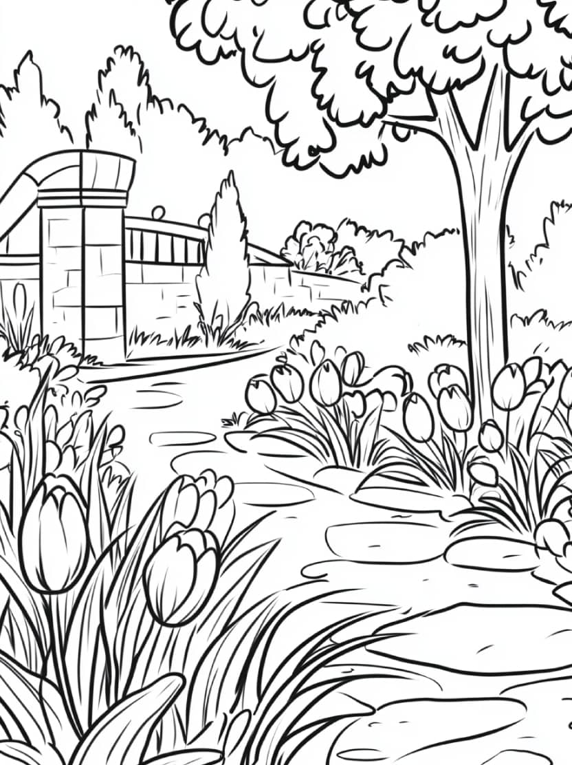 Coloriage Jardin Fleurs Tulipes