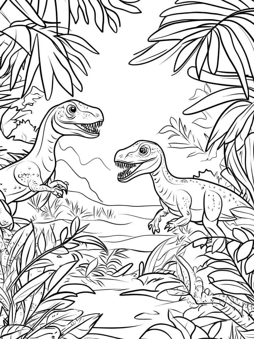 Coloriage Jungle Avec Amis Dinosaure