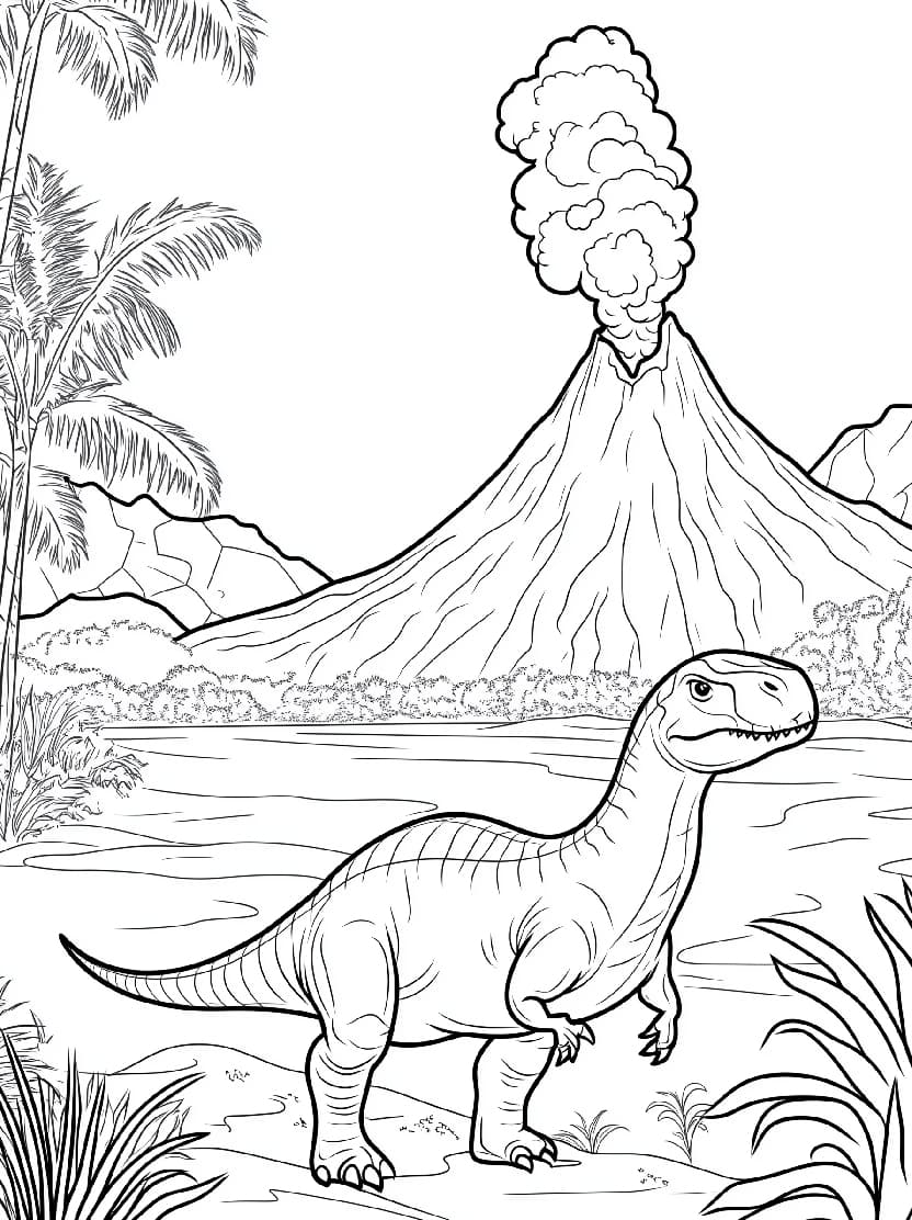 Coloriage Jungle Avec Dinosaure Et Volcan