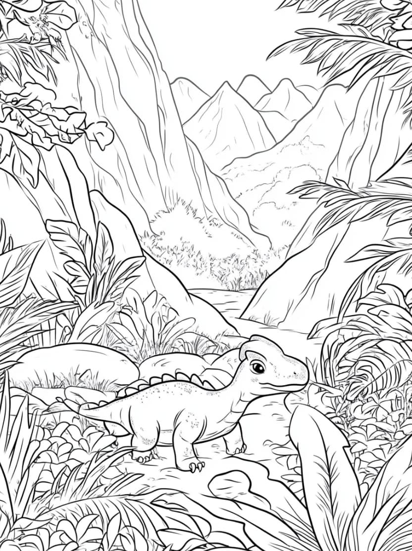 Coloriage Jungle Avec Dinosaure Gratuit