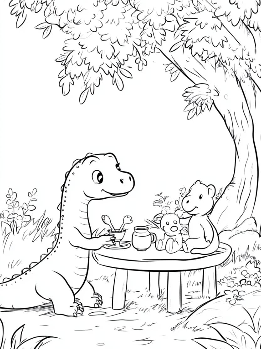 Coloriage Jungle Avec Dinosaure Mignon