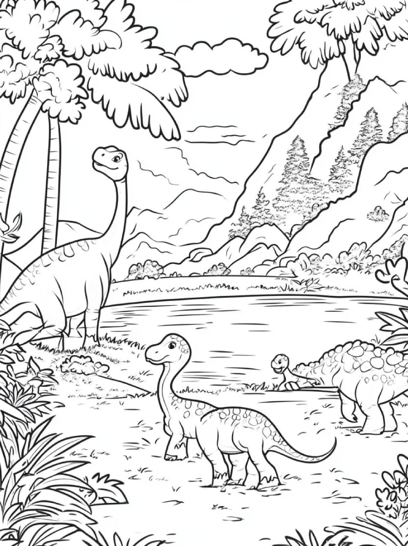 Coloriage Jungle Famille De Dinosaure