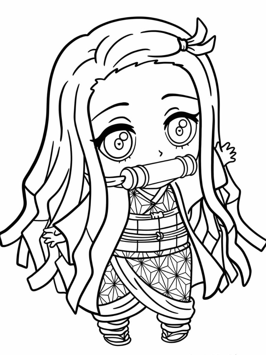 Coloriage Kawaii Chibi Nezuko Portant Du Bambou