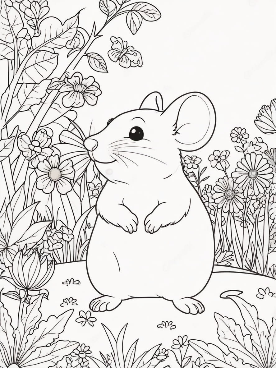 Coloriage La Souris Debout Et Sentant Les Fleurs Du Jardin