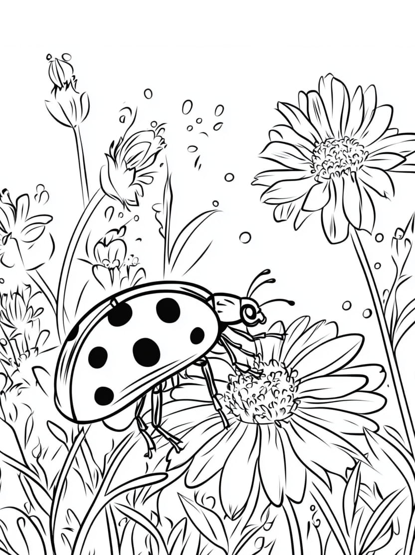 Coloriage Ladybug Sur Champ De Fleurs