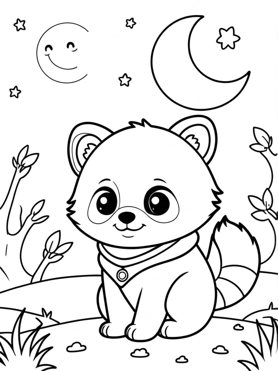 Coloriage Le Panda Roux Chibi Et La Lune