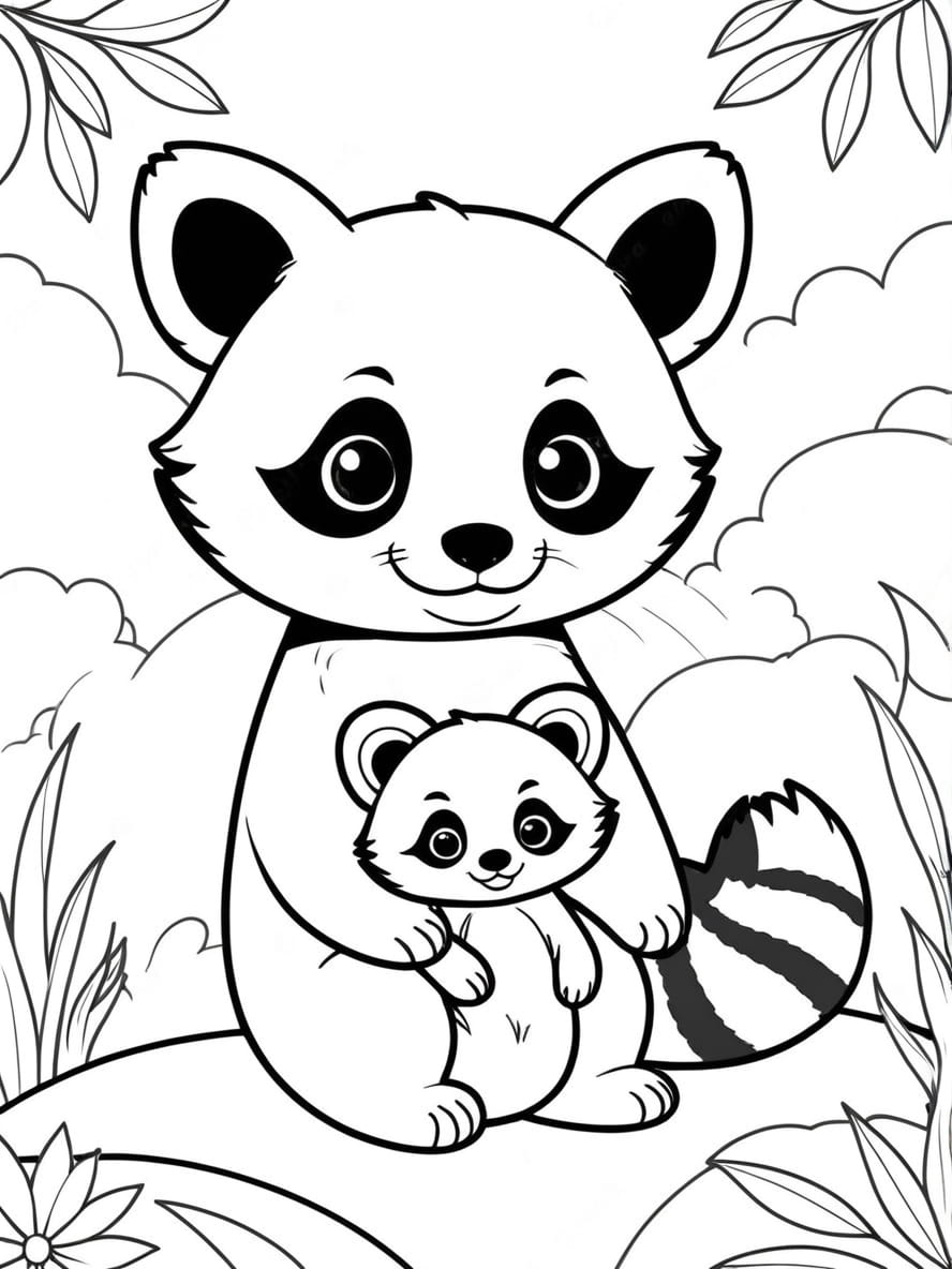 Coloriage Le Panda Roux Et Son Bebe