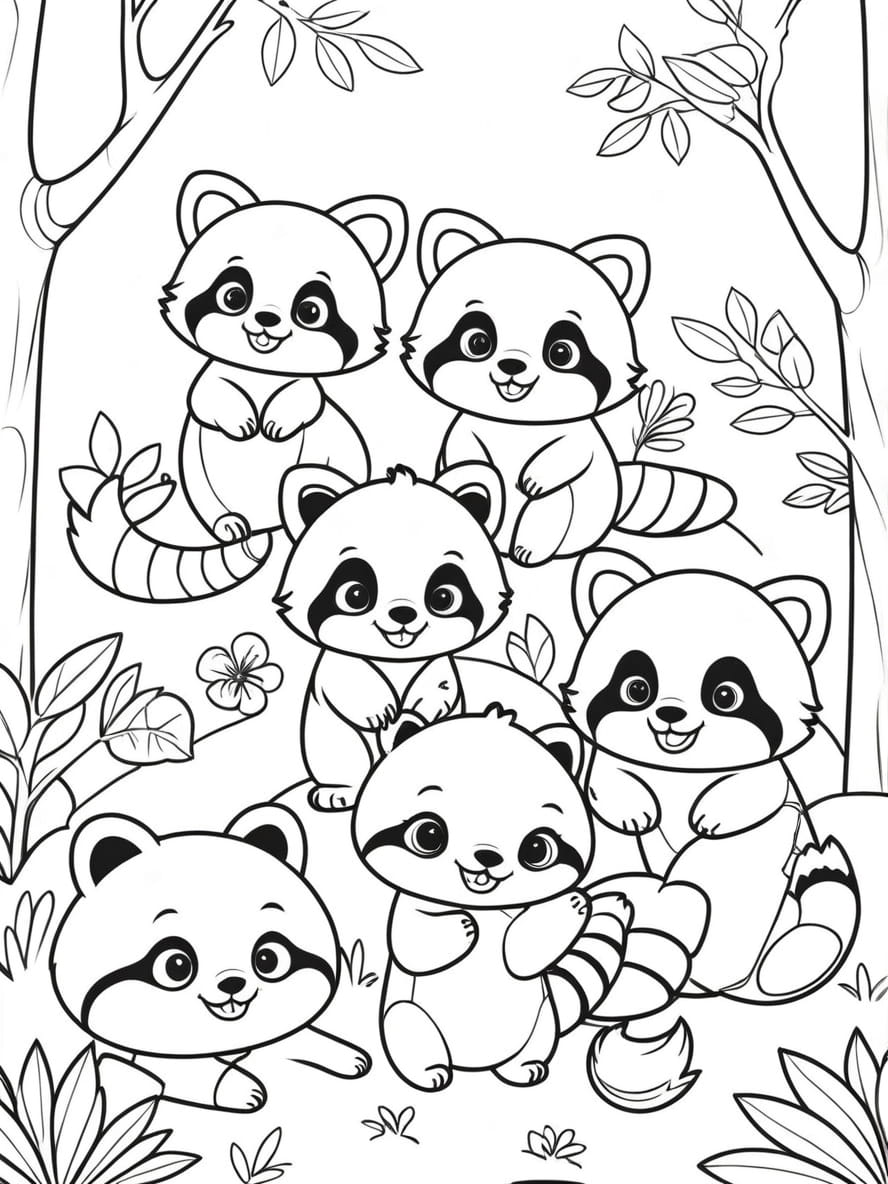 Coloriage Le Panda Roux Joue Avec Ses Amis