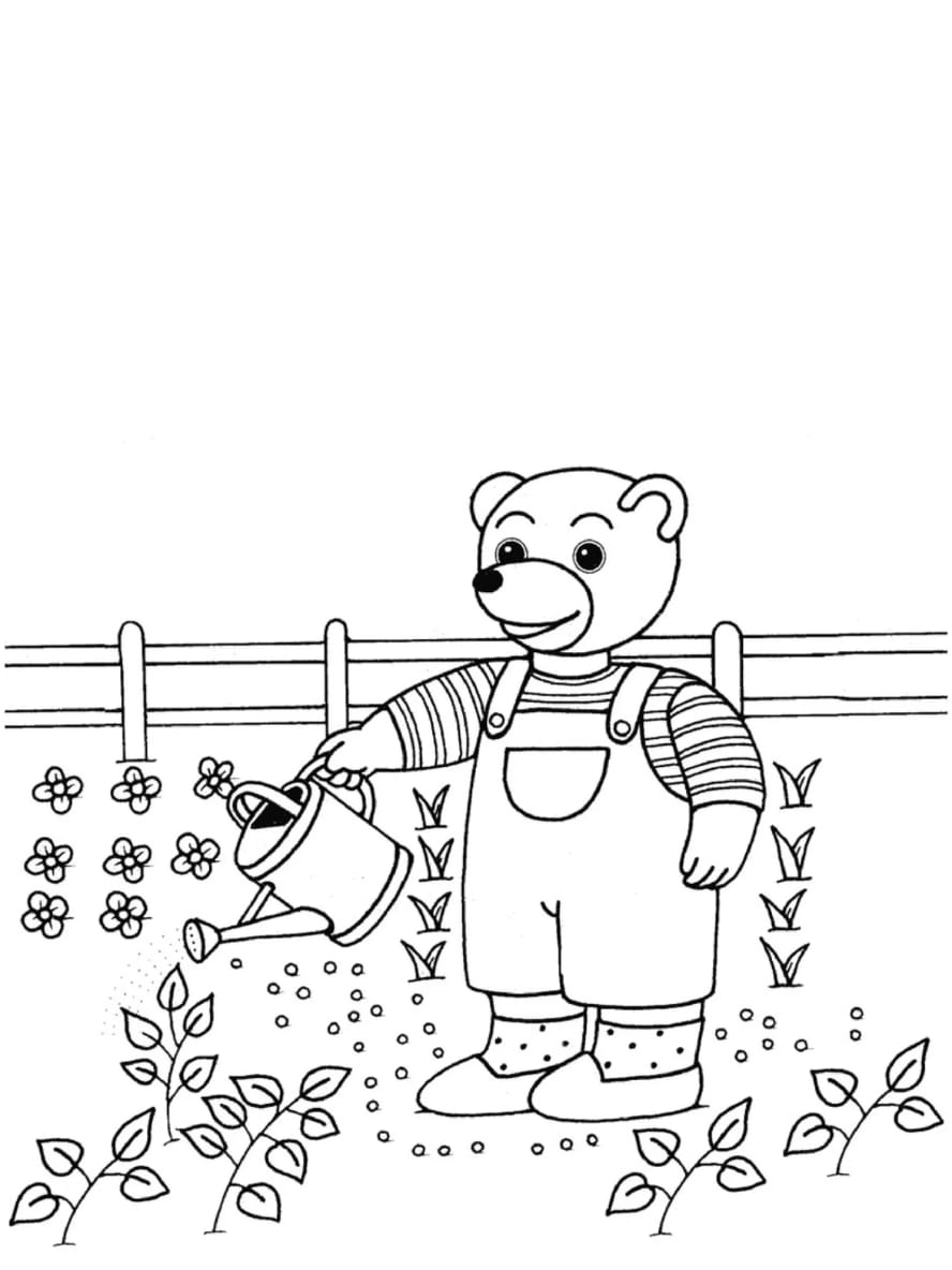 Coloriage Le Petit Ours Brun Qui Arrose Les Plantes