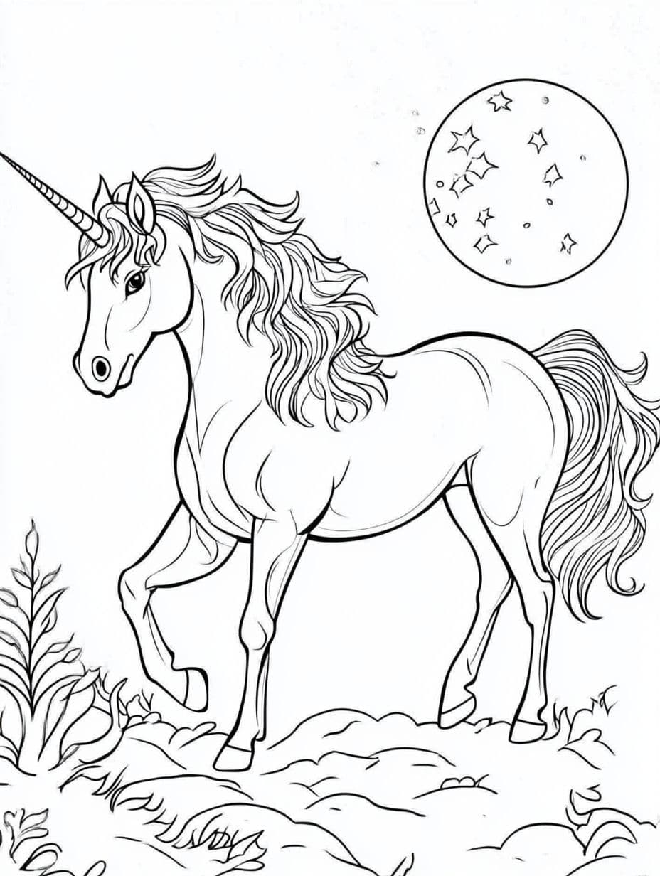 Coloriage Licorne Et Lune