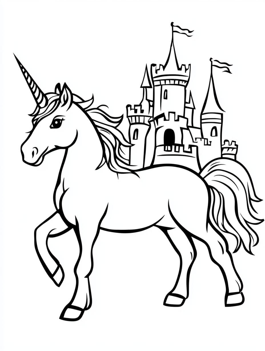 Coloriage Licorne Simple Et Chateau